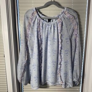 Ann Taylor Blue Floral Ruffle Blouse Long Sleeve XXL Peasant Spring  Style Top